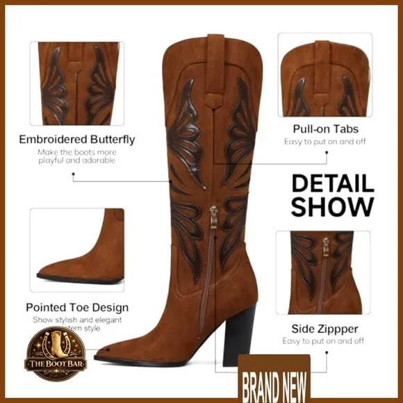 Pointed Toe Cowboy Boots Chunky Heel Knee High Wide Calf Western Elegant - Picture 5 of 7